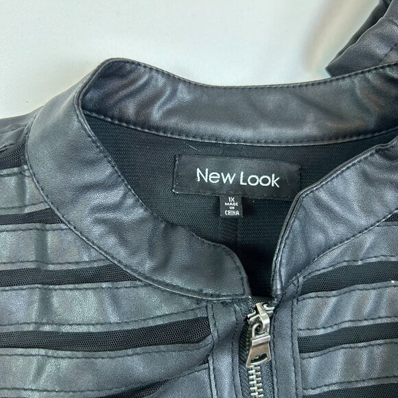 New Look Black Cropped Moto Jacket 1X Sheer Stripe Panel Zip Front - Picture 5 of 7